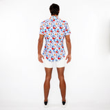 St33le Sky/Multi Floral 3D Print Cotton Knit Jersey Short Sleeve Shirt W/Contrast Stripe Placket (9327)