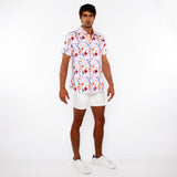 St33le Ecru/Gold Blossoms 3D Print Cotton Knit Jersey Short Sleeve Shirt W/Contrast Stripe Placket (9328)