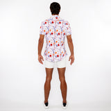 St33le Ecru/Gold Blossoms 3D Print Cotton Knit Jersey Short Sleeve Shirt W/Contrast Stripe Placket (9328)