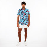 St33le Teal/Cherry Blossoms 3D Print Cotton Knit Jersey Short Sleeve Shirt W/Contrast Stripe Placket (9329)