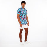 St33le Teal/Cherry Blossoms 3D Print Cotton Knit Jersey Short Sleeve Shirt W/Contrast Stripe Placket (9329)