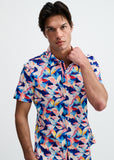 St33le Navy/Blush Leaves Printed Cotton Knit Jersey Short Sleeve Shirt W/Placket Detail (9357)