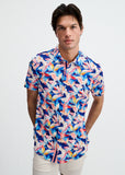St33le Navy/Blush Leaves Printed Cotton Knit Jersey Short Sleeve Shirt W/Placket Detail (9357)