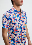 St33le Navy/Blush Leaves Printed Cotton Knit Jersey Short Sleeve Shirt W/Placket Detail (9357)