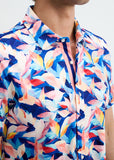 St33le Navy/Blush Leaves Printed Cotton Knit Jersey Short Sleeve Shirt W/Placket Detail (9357)