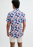 St33le Navy/Blush Leaves Printed Cotton Knit Jersey Short Sleeve Shirt W/Placket Detail (9357)