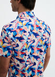 St33le Navy/Blush Leaves Printed Cotton Knit Jersey Short Sleeve Shirt W/Placket Detail (9357)