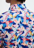 St33le Navy/Blush Leaves Printed Cotton Knit Jersey Short Sleeve Shirt W/Placket Detail (9357)