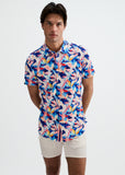 St33le Navy/Blush Leaves Printed Cotton Knit Jersey Short Sleeve Shirt W/Placket Detail (9357)