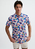 St33le Navy/Blush Leaves Printed Cotton Knit Jersey Short Sleeve Shirt W/Placket Detail (9357)