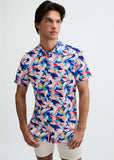 St33le Navy/Blush Leaves Printed Cotton Knit Jersey Short Sleeve Shirt W/Placket Detail (9357)