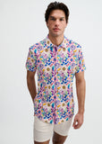 St33le Pink/Purple Blooms Printed Cotton Knit Jersey Short Sleeve Shirt W/Placket Detail (9358)