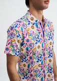 St33le Pink/Purple Blooms Printed Cotton Knit Jersey Short Sleeve Shirt W/Placket Detail (9358)