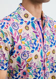 St33le Pink/Purple Blooms Printed Cotton Knit Jersey Short Sleeve Shirt W/Placket Detail (9358)