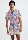 St33le Pink/Purple Blooms Printed Cotton Knit Jersey Short Sleeve Shirt W/Placket Detail (9358)