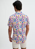 St33le Pink/Purple Blooms Printed Cotton Knit Jersey Short Sleeve Shirt W/Placket Detail (9358)