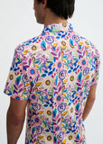 St33le Pink/Purple Blooms Printed Cotton Knit Jersey Short Sleeve Shirt W/Placket Detail (9358)