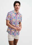St33le Pink/Purple Blooms Printed Cotton Knit Jersey Short Sleeve Shirt W/Placket Detail (9358)