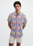 St33le Pink/Purple Blooms Printed Cotton Knit Jersey Short Sleeve Shirt W/Placket Detail (9358)