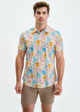 St33le Sky/Lilac Floral 3D Print Cotton Knit Jersey Short Sleeve Shirt W/Placket Detail (9376)