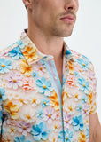 St33le Sky/Lilac Floral 3D Print Cotton Knit Jersey Short Sleeve Shirt W/Placket Detail (9376)
