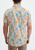 St33le Sky/Lilac Floral 3D Print Cotton Knit Jersey Short Sleeve Shirt W/Placket Detail (9376)