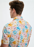 St33le Sky/Lilac Floral 3D Print Cotton Knit Jersey Short Sleeve Shirt W/Placket Detail (9376)