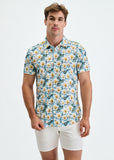 St33le Azure/White Daisies 3D Print Cotton Knit Jersey Short Sleeve Shirt W/Placket Detail (9379)