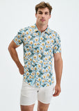 St33le Azure/White Daisies 3D Print Cotton Knit Jersey Short Sleeve Shirt W/Placket Detail (9379)
