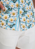 St33le Azure/White Daisies 3D Print Cotton Knit Jersey Short Sleeve Shirt W/Placket Detail (9379)
