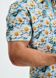 St33le Azure/White Daisies 3D Print Cotton Knit Jersey Short Sleeve Shirt W/Placket Detail (9379)