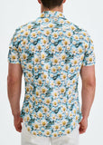 St33le Azure/White Daisies 3D Print Cotton Knit Jersey Short Sleeve Shirt W/Placket Detail (9379)