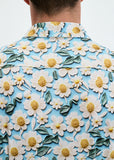 St33le Azure/White Daisies 3D Print Cotton Knit Jersey Short Sleeve Shirt W/Placket Detail (9379)
