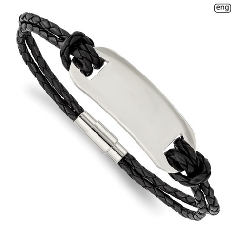 Chisel Stainless Steel Polished Black Woven Leather ID Bracelet (SRB1330)