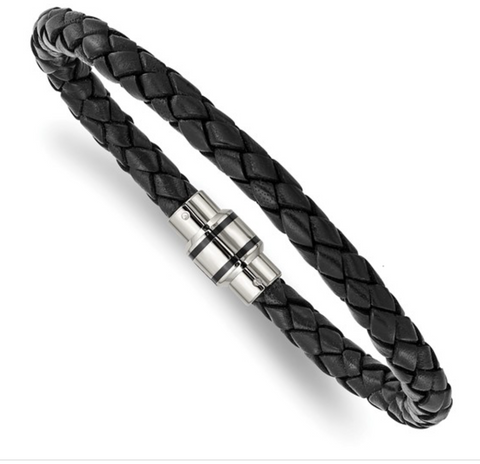 Chisel Stainless Steel Polished Black IP-plated Black Braided Leather Bracelet (SRB1347)