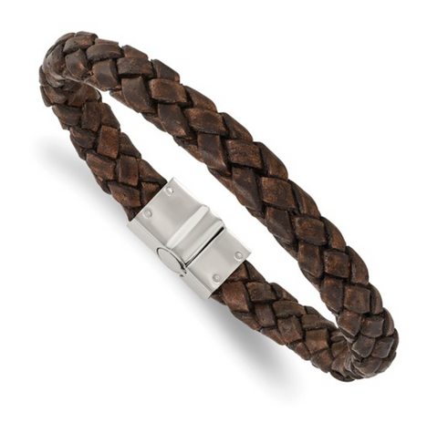 Chisel Stainless Steel Polished Brown Woven Leather Bracelet (SRB1349)