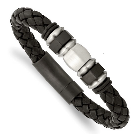 Chisel Stainless Steel Brushed Black IP-plated Leather and Rubber Bracelet (SRB1491)