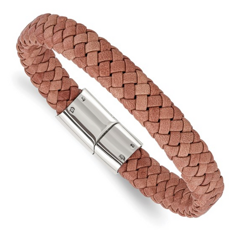 Chisel Stainless Steel Polished Light Brown Braided Leather Bracelet (SRB1624)