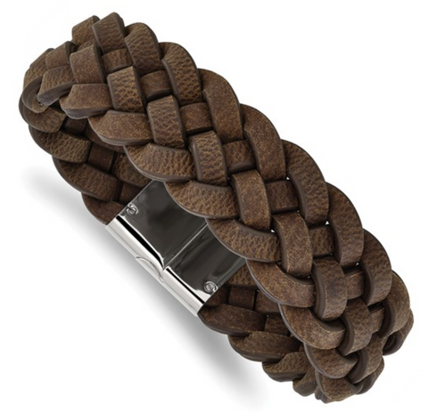 Chisel Stainless Steel Polished Brown Braided Leather Bracelet (SRB1627)
