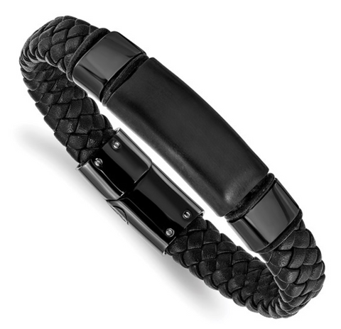 Chisel Stainless Steel Brushed and Polished Black IP-plated Braided Black Leather Bracelet (SRB1631)