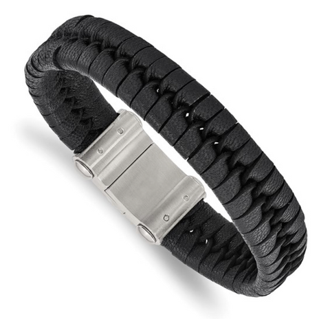 Chisel Stainless Steel Brushed Black Leather Bracelet (SRB1636)