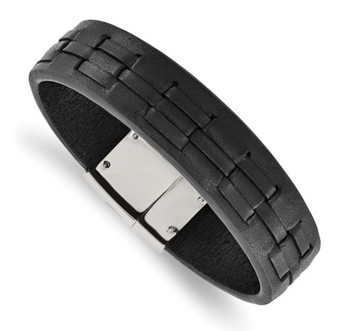 Chisel Stainless Steel Polished Black Leather Bracelet (SRB1639)