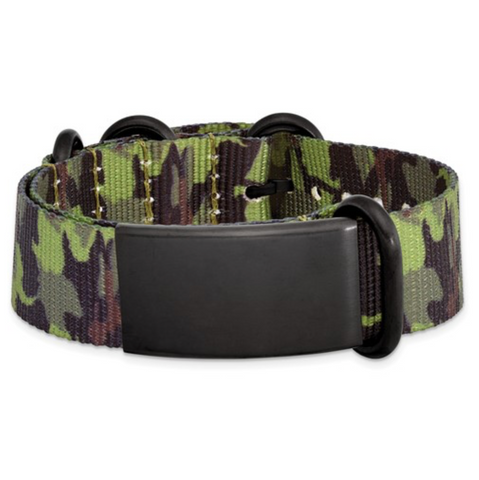 Chisel Stainless Steel Brushed Blk IP Green Camo Fabric Adjustable ID Bracelet (SRB1777)