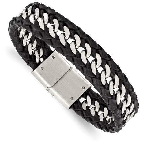 Chisel Stainless Steel Brushed Black Leather Bracelet (SRB1811)