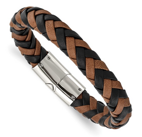 Chisel Stainless Steel Polished Black and Brown Braided Leather Bracelet (SRB1816)