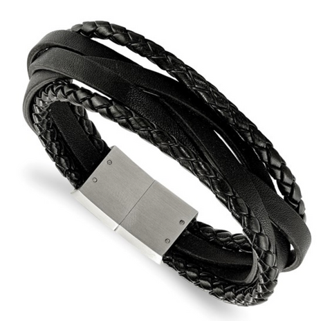 Chisel Stainless Steel Brushed Multi Strand Black Braided Leather Bracelet (SRB1942)