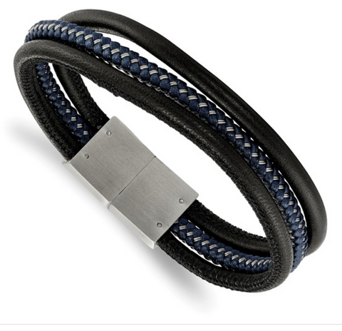 Chisel Stainless Steel Brushed Wire Multi Strand Black and Blue Braided Leather Bracelet (SRB1952)