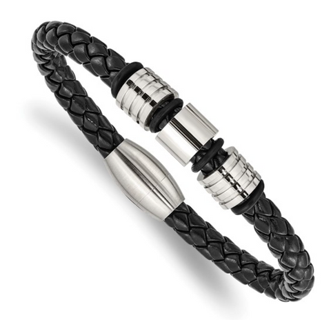 Chisel Stainless Steel Brushed and Polished Braided Black Leather Bracelet (SRB1992)