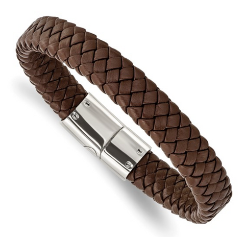 Chisel Stainless Steel Polished Brown Braided Leather Bracelet (SRB1999)