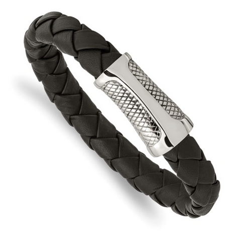 Chisel Stainless Steel Polished and Textured Black Braided Leather Bracelet (SRB2005)